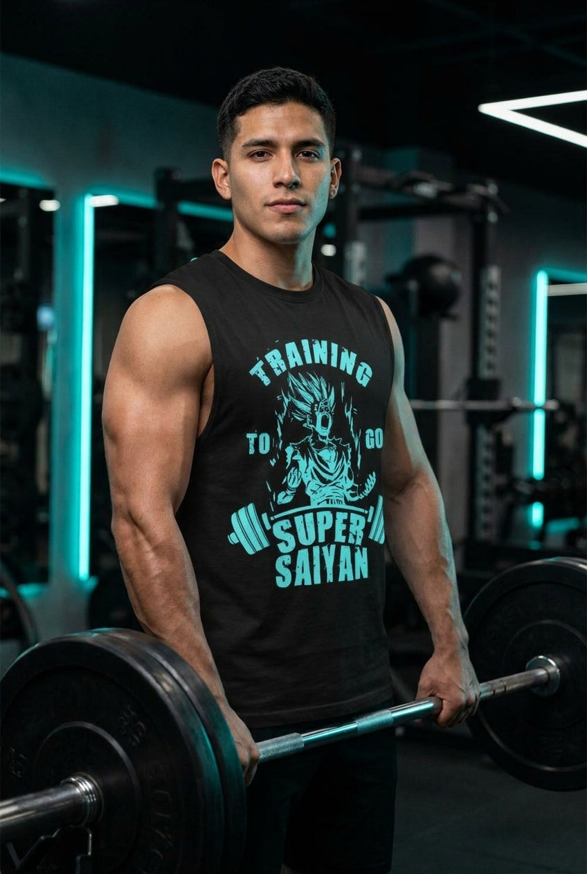 Hombre atlético en playera Dragon Ball Vegeta gym Gymbros