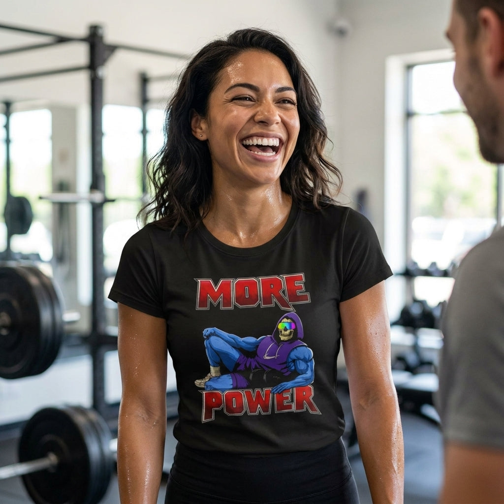 Mujer riendo en playera de humor gym Gymbros