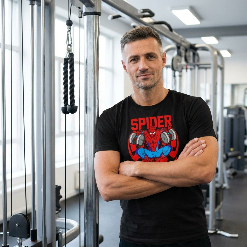 Hombre en playera Marvel gym Gymbros