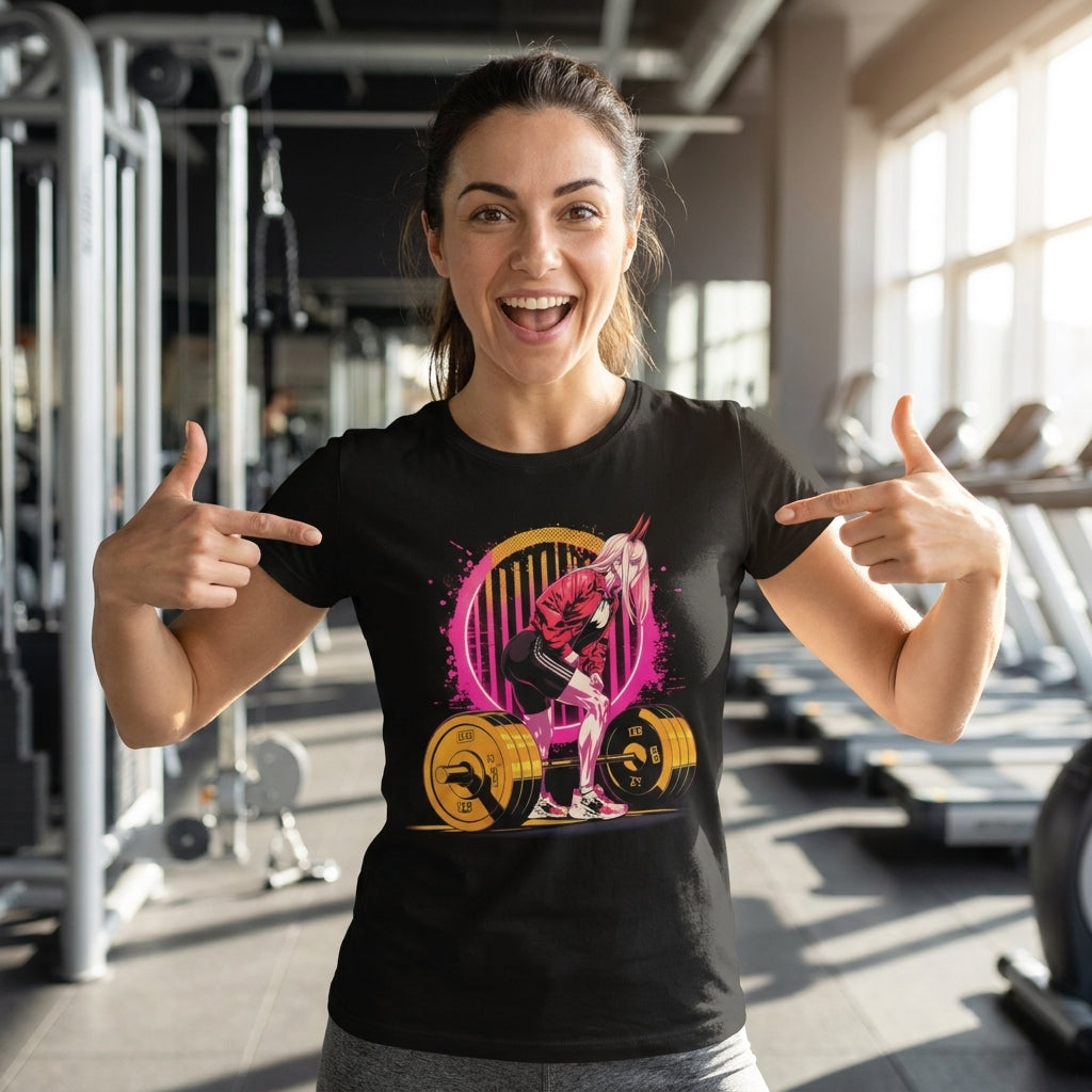 Mujer mostrando nueva playera Gymbros en el gym
