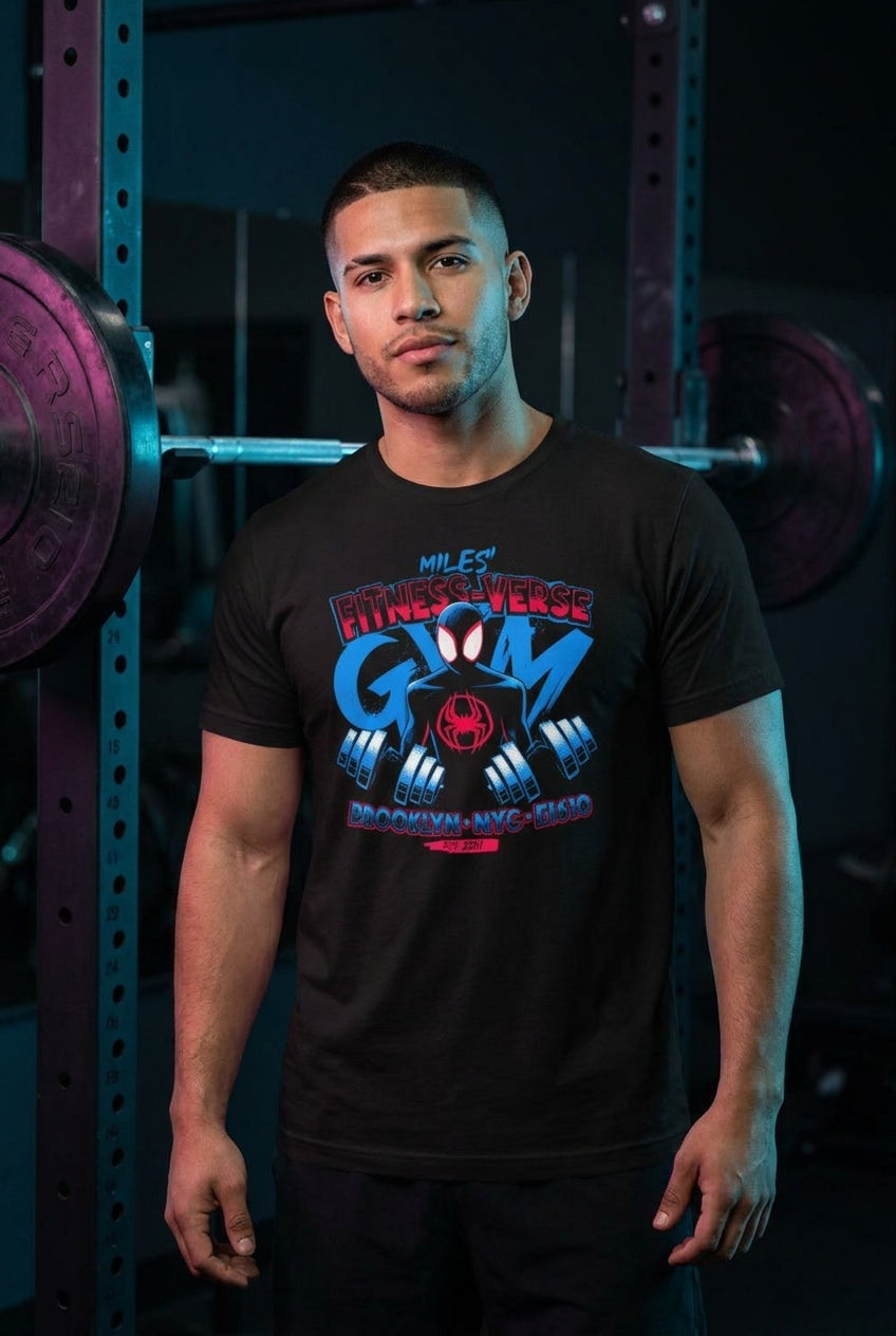 Hombre en playera Miles Morales Spiderman gym Gymbros