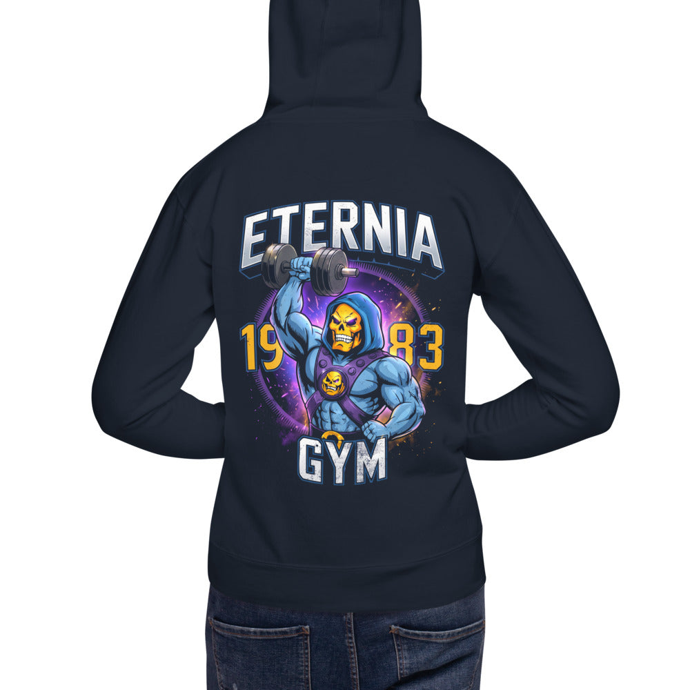 Hoodie Skeletor Eternia Gym 1983 Raised Dumbbell - Modelo masculino espalda