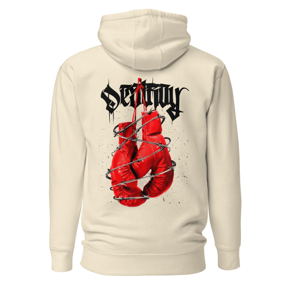 Hoodie Red Boxing Gloves Barbed Wire Blackletter - Espalda
