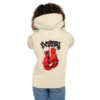 Hoodie Red Boxing Gloves Barbed Wire Blackletter - Modelo femenina espalda