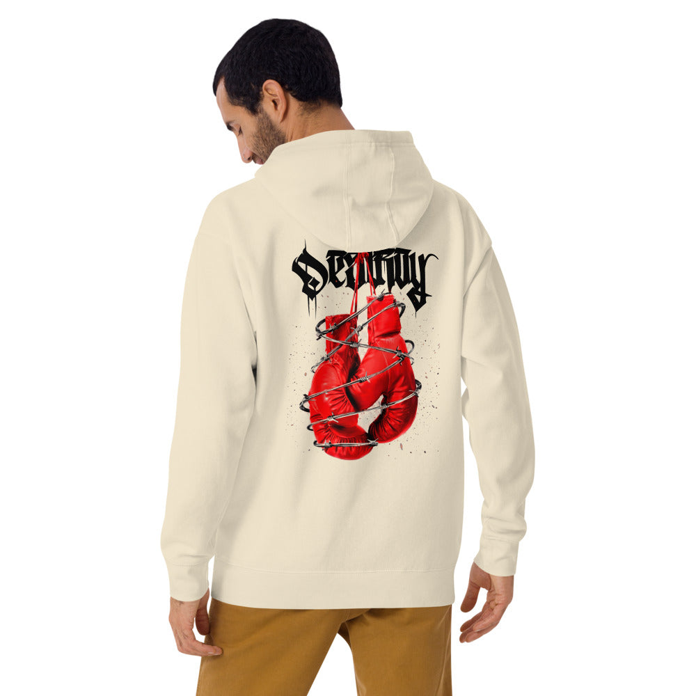 Hoodie Red Boxing Gloves Barbed Wire Blackletter - Modelo masculino espalda 2