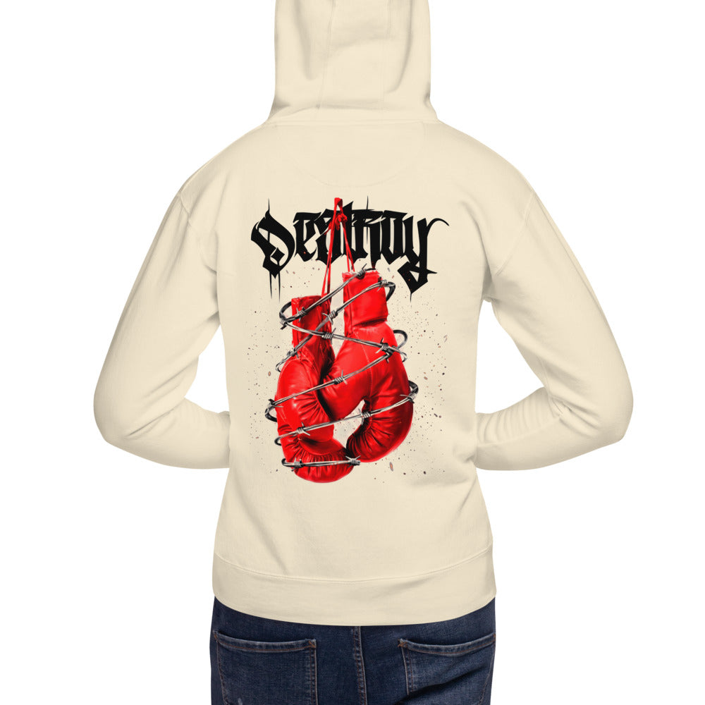 Hoodie Red Boxing Gloves Barbed Wire Blackletter - Modelo masculino espalda