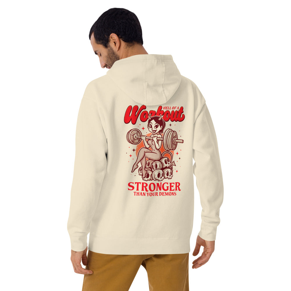 Hoodie Stronger Than Your Demons Devil Girl Barbell - Modelo masculino espalda 2