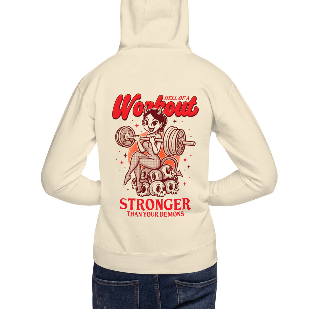 Hoodie Stronger Than Your Demons Devil Girl Barbell - Modelo masculino espalda