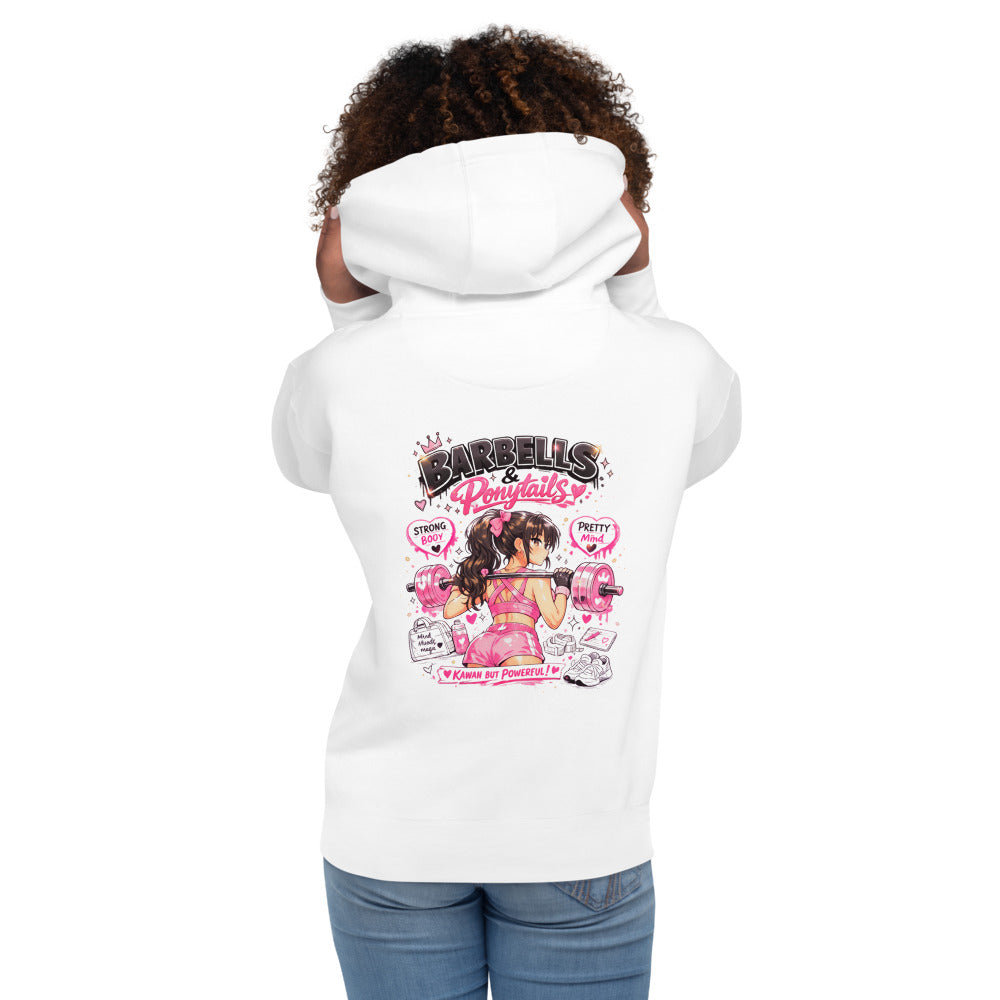 Hoodie Barbells And Ponytails Kawaii Gym - Modelo femenina espalda