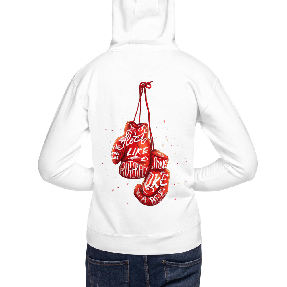 Hoodie Float Like A Butterfly Sting Like A Bee - Modelo masculino espalda