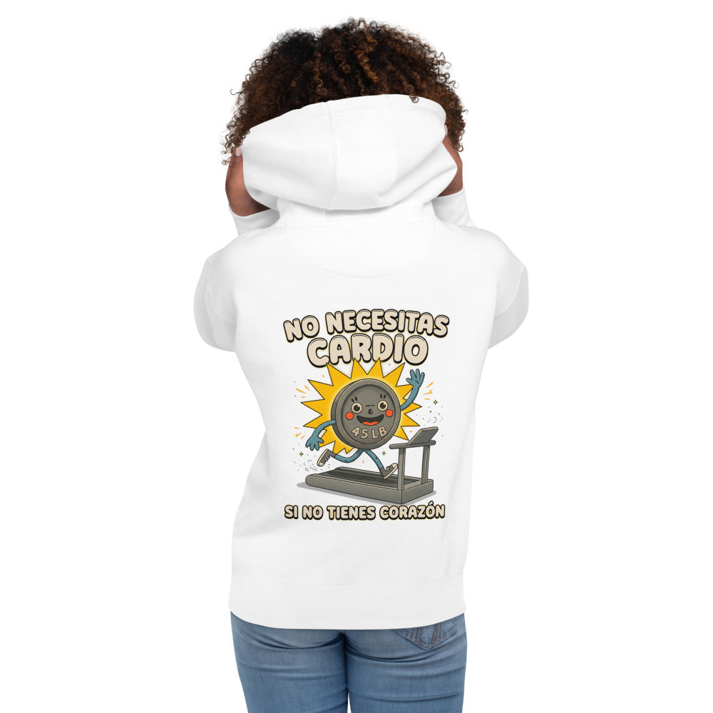 Hoodie No Necesitas Cardio Si No Tienes Corazón - Modelo femenina espalda