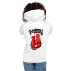 Hoodie Red Boxing Gloves Barbed Wire Blackletter - Modelo femenina espalda