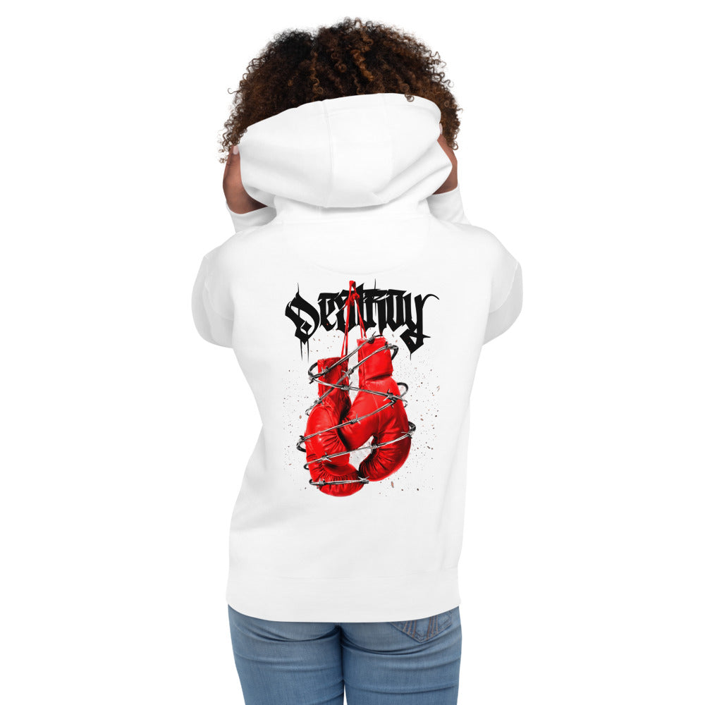 Hoodie Red Boxing Gloves Barbed Wire Blackletter - Modelo femenina espalda