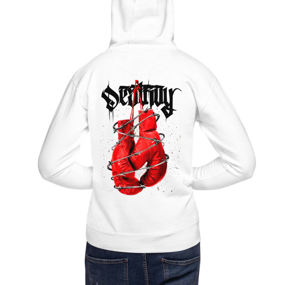 Hoodie Red Boxing Gloves Barbed Wire Blackletter - Modelo masculino espalda