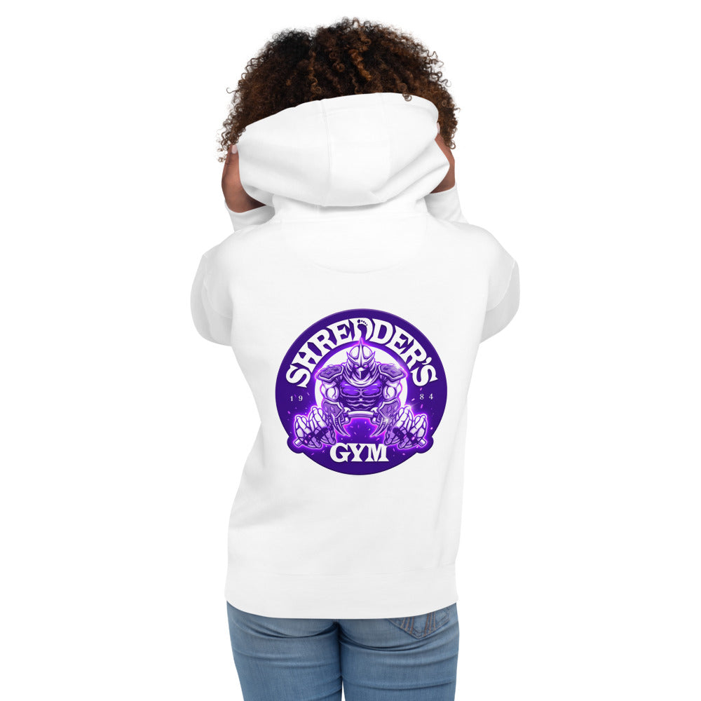 Hoodie TMNT Shredder's Gym 1984 Purple Emblem - Modelo femenina espalda