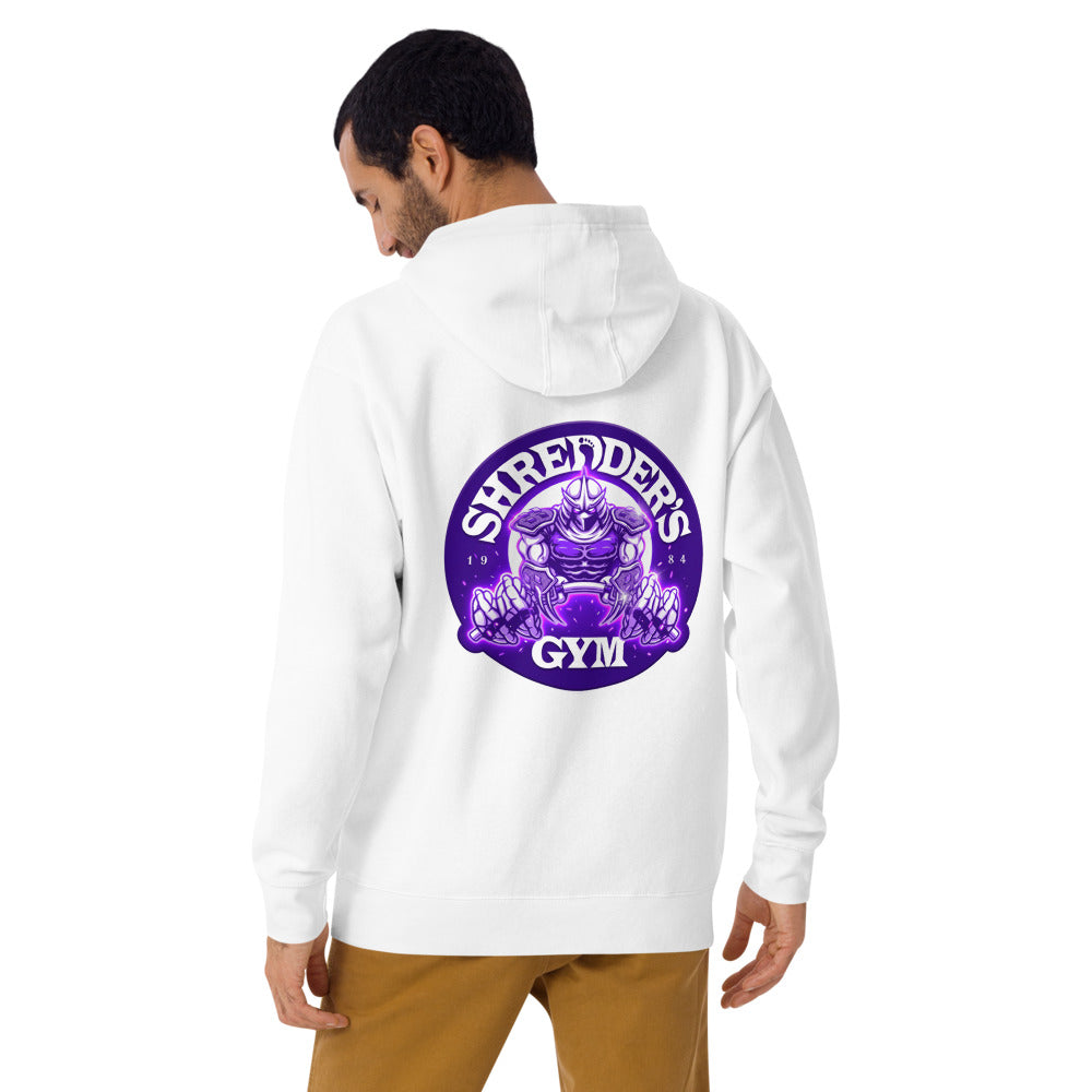 Hoodie TMNT Shredder's Gym 1984 Purple Emblem - Modelo masculino espalda 2