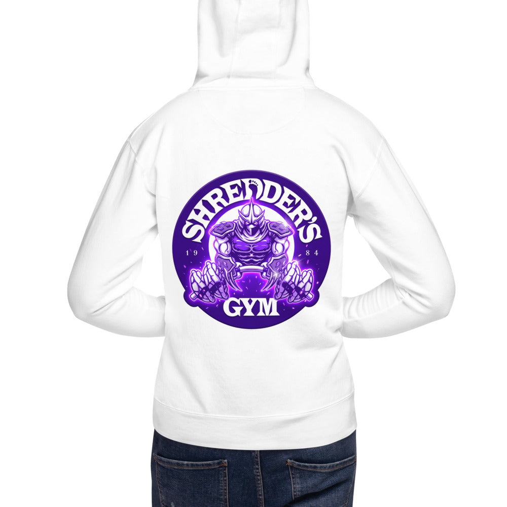 Hoodie TMNT Shredder's Gym 1984 Purple Emblem - Modelo masculino espalda