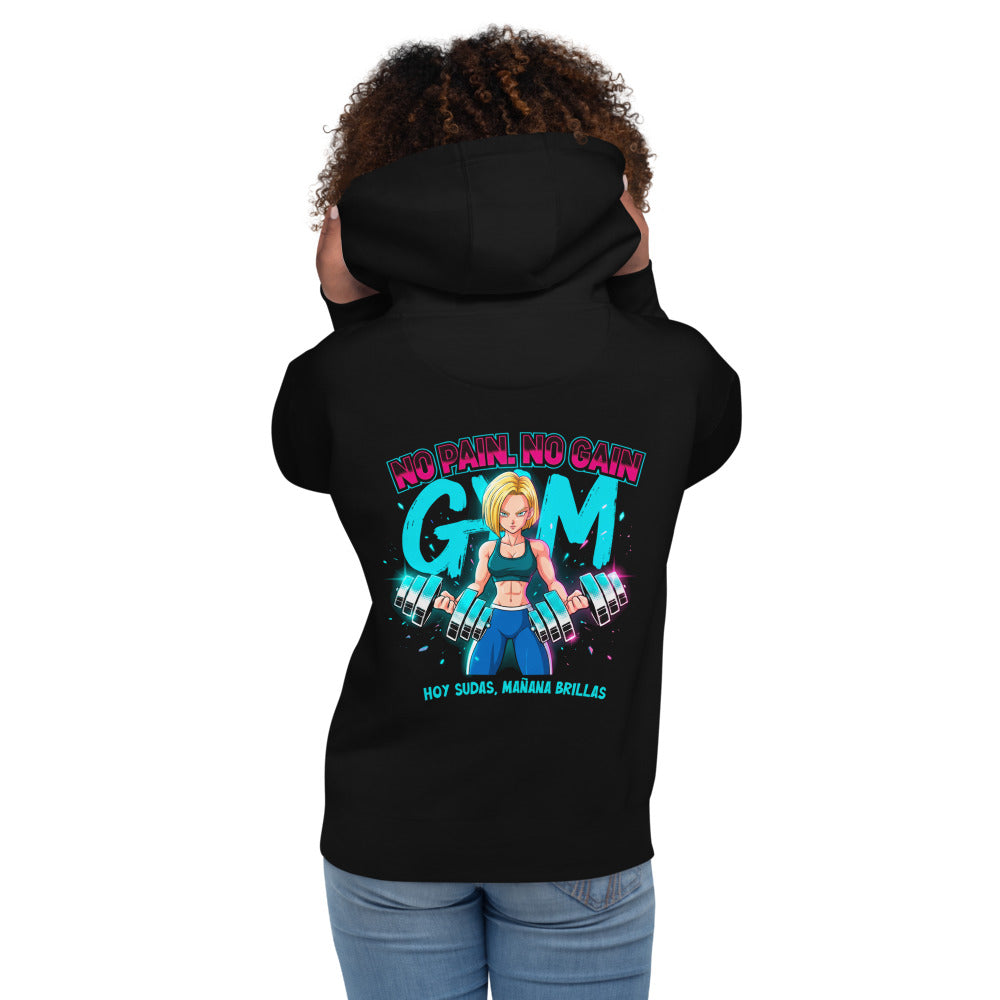 Hoodie Android 18 Hoy Sudas Mañana Brillas - Modelo femenina espalda