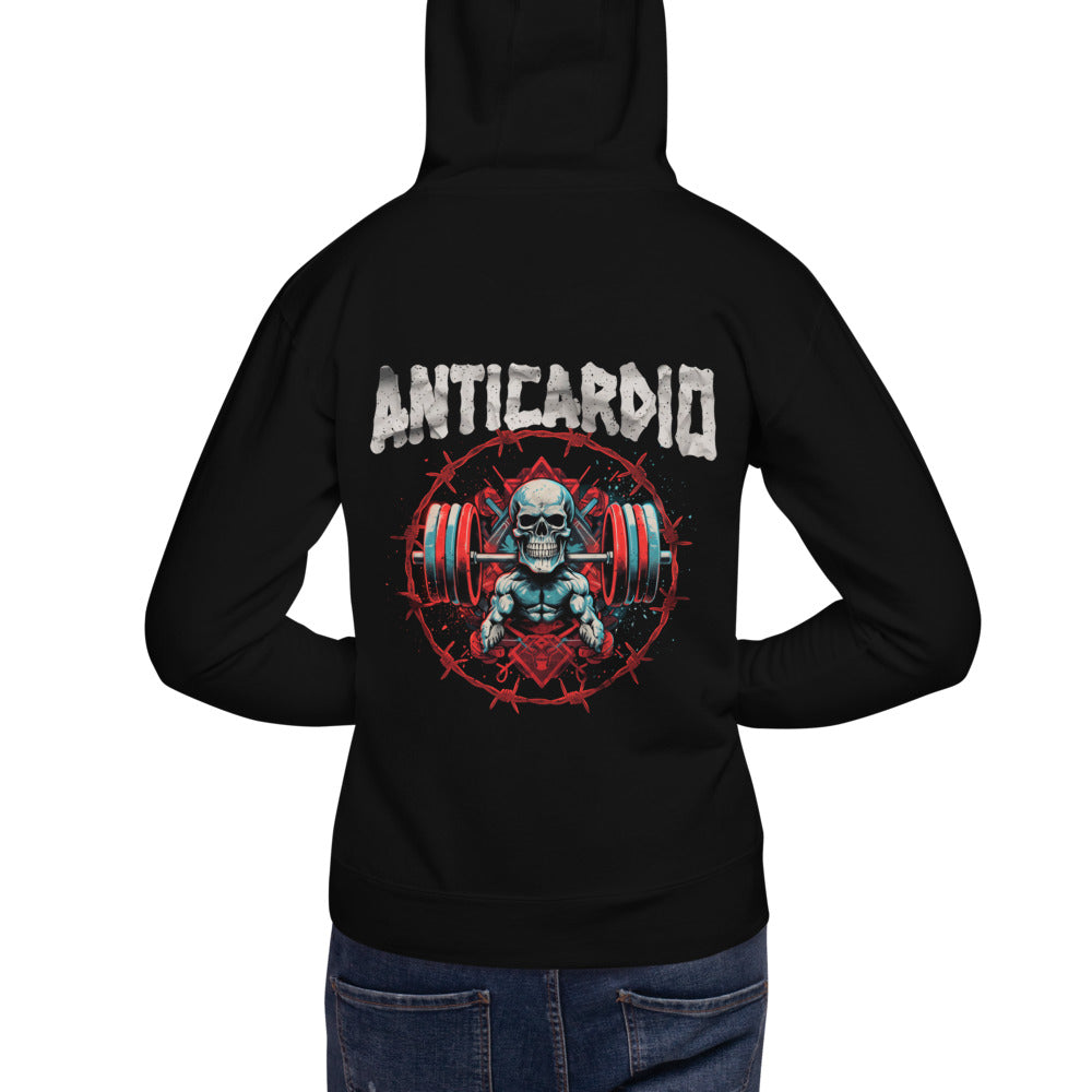 Hoodie Anticardio Calavera Barra Alambre De Púas - Modelo masculino espalda