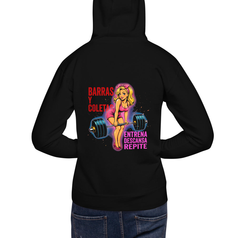 Hoodie Barras Y Coletas Entrena Descansa Repite - Modelo masculino espalda