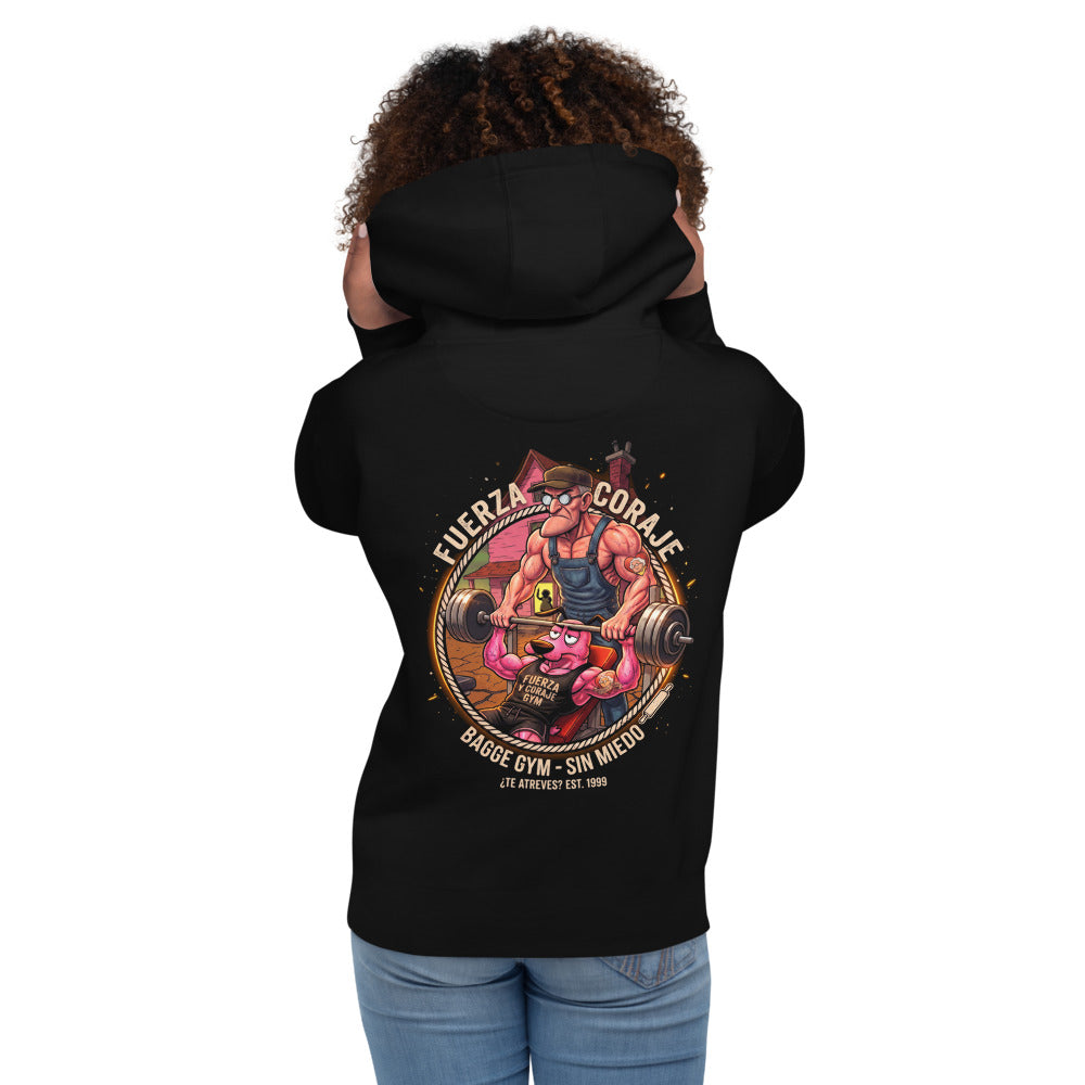 Hoodie Coraje El Perro Cobarde Fuerza Y Coraje Gym - Modelo femenina espalda