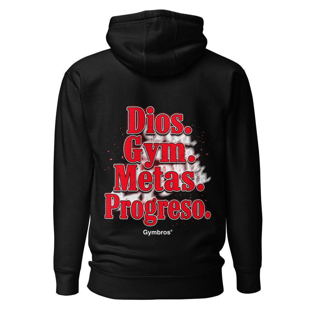 Hoodie Dios Gym Metas Progreso Letras Rojas - Espalda