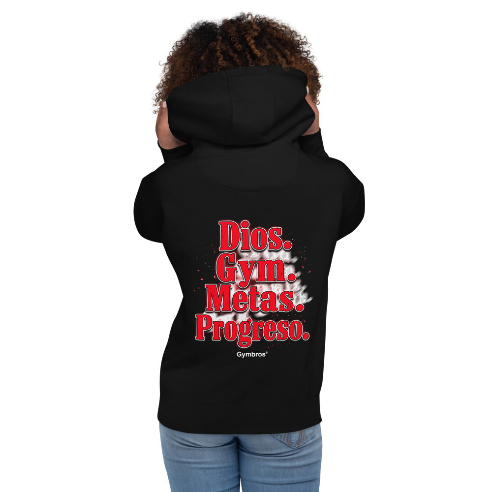 Hoodie Dios Gym Metas Progreso Letras Rojas - Modelo femenina espalda