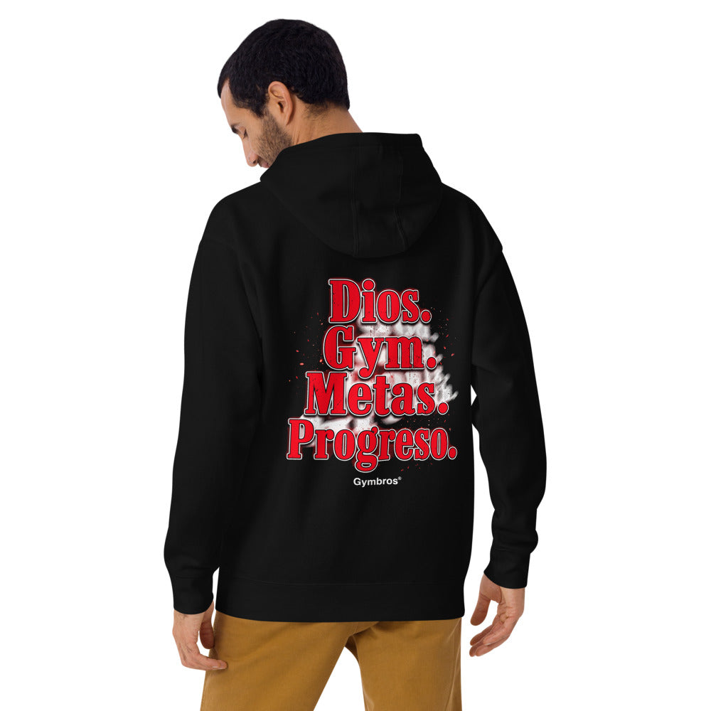 Hoodie Dios Gym Metas Progreso Letras Rojas - Modelo masculino espalda 2