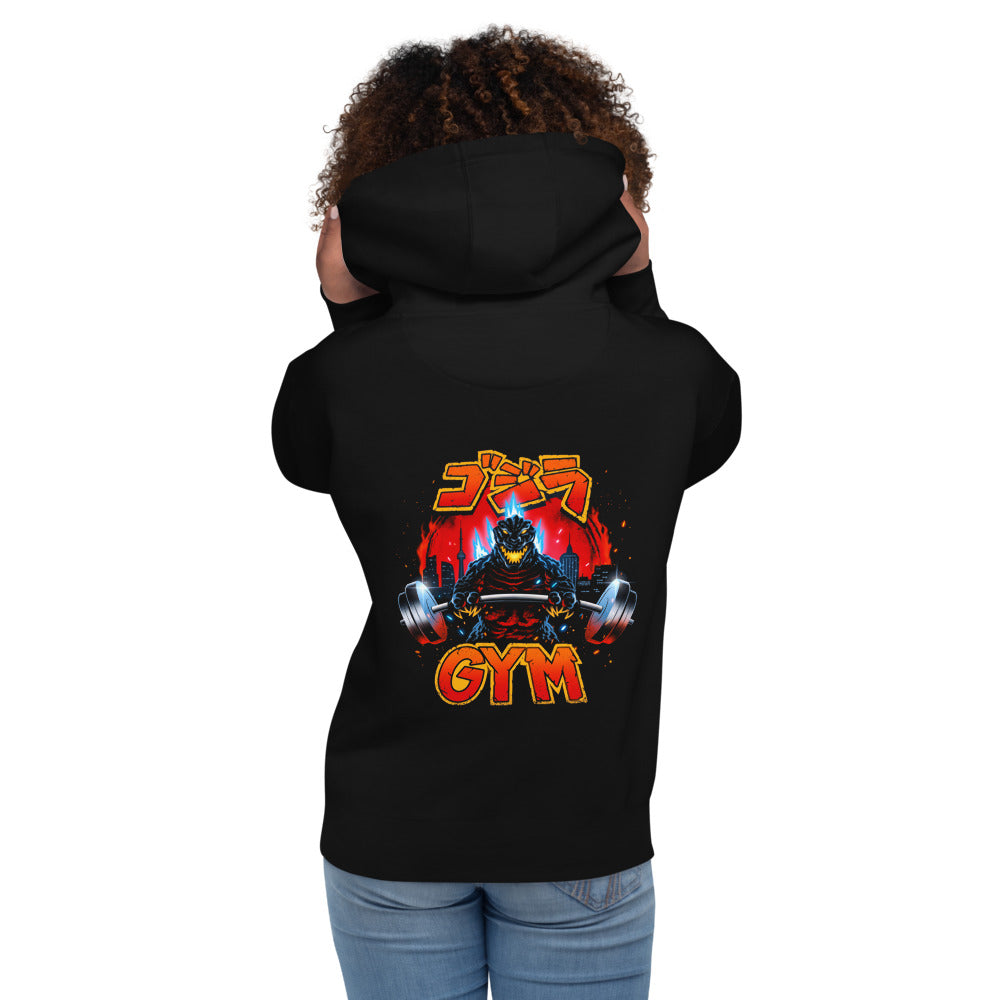 Hoodie Godzilla Gojira Gym Barbell Blue Spikes - Modelo femenina espalda