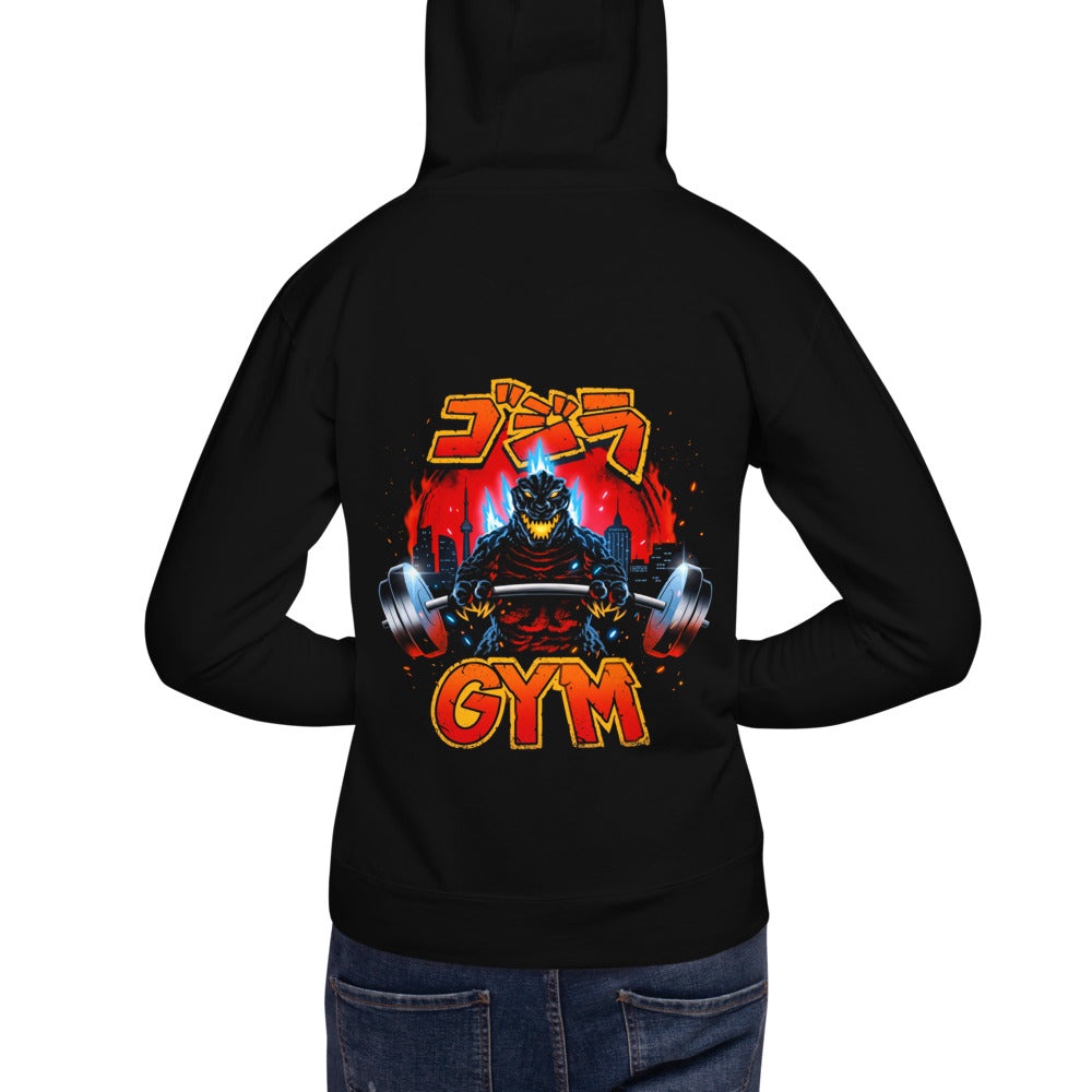 Hoodie Godzilla Gojira Gym Barbell Blue Spikes - Modelo masculino espalda