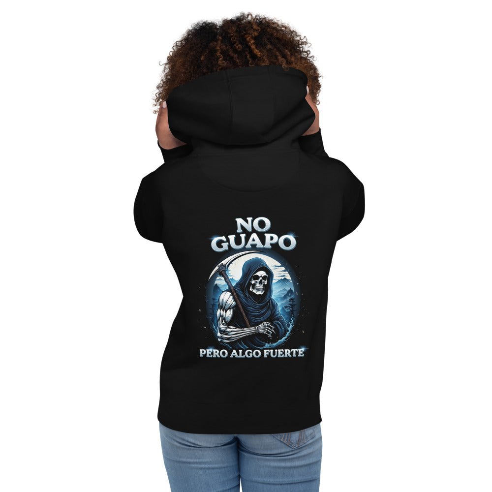 Hoodie No Guapo Pero Algo Fuerte - Modelo femenina espalda