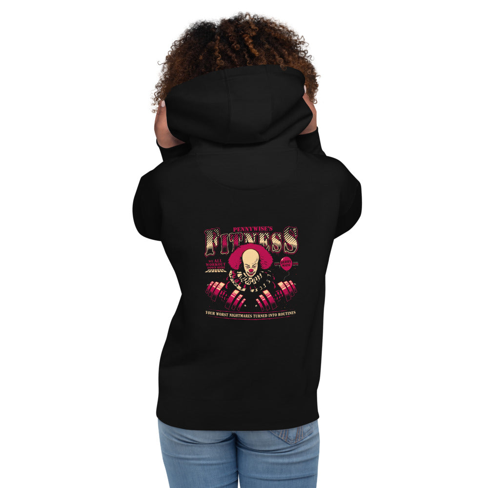 Hoodie Pennywise's Fitness Derry Maine Dumbbells - Modelo femenina espalda