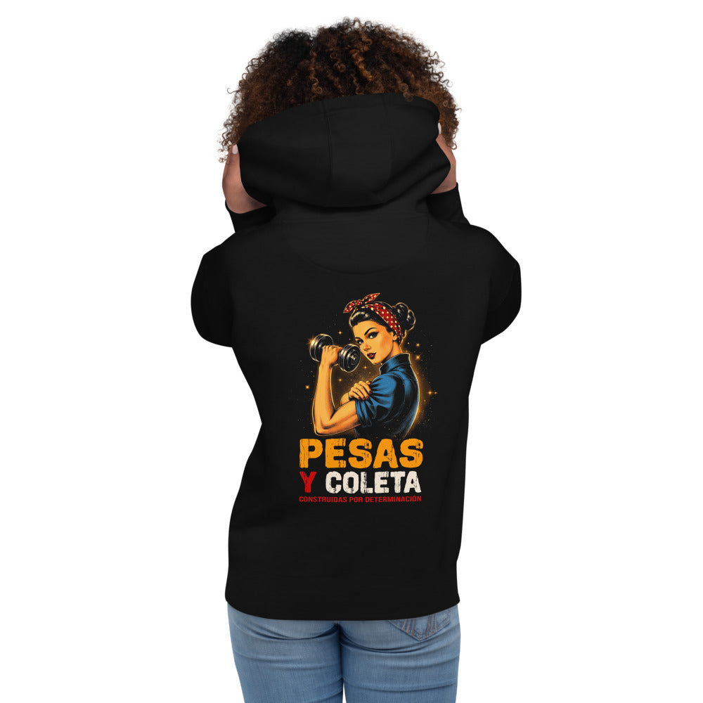 Hoodie Pesas Y Coleta Construidas Por Determinación - Modelo femenina espalda