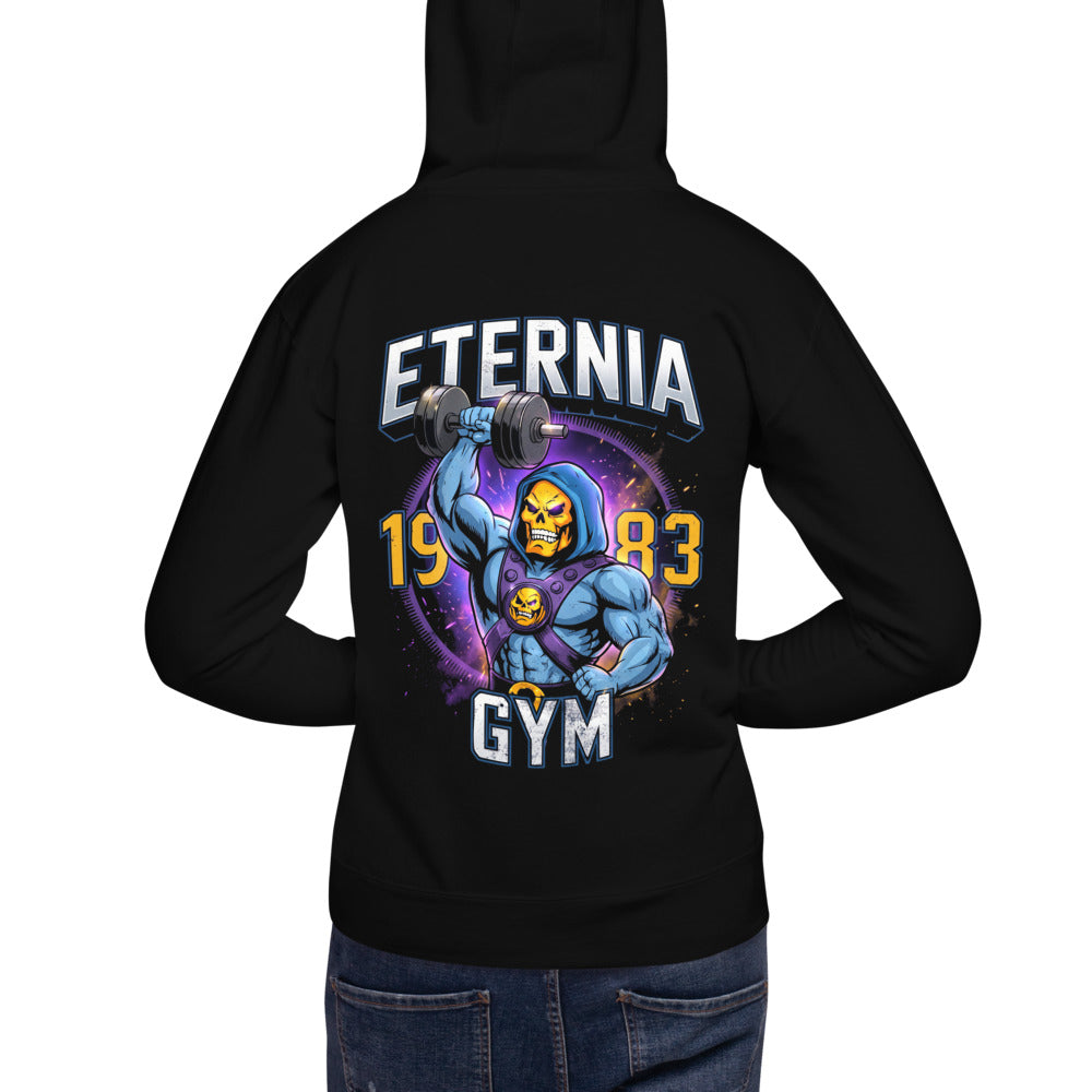 Hoodie Skeletor Eternia Gym 1983 Raised Dumbbell - Modelo masculino espalda