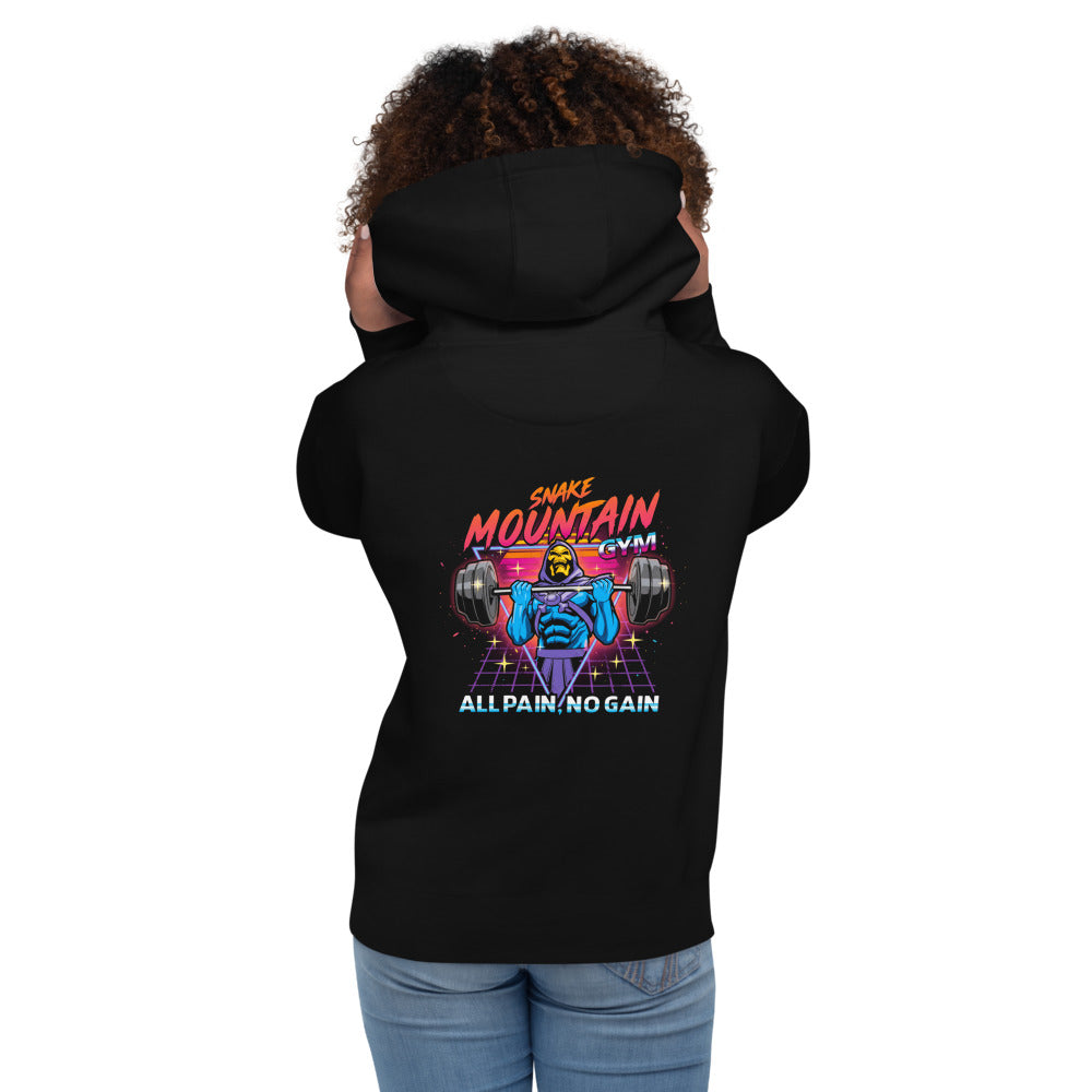 Hoodie Skeletor Synthwave All Pain No Gain - Modelo femenina espalda