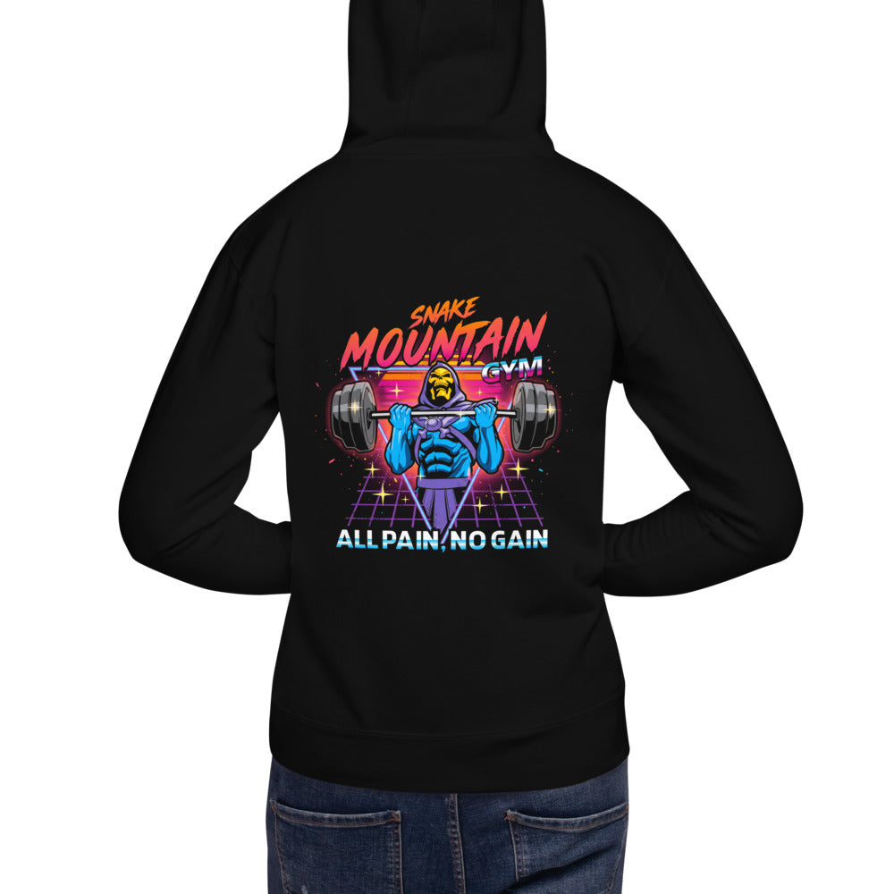 Hoodie Skeletor Synthwave All Pain No Gain - Modelo masculino espalda