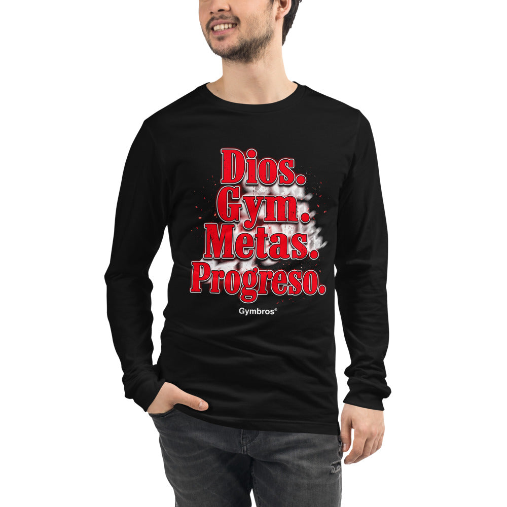 Manga larga Dios Gym Metas Progreso Letras Rojas - Modelo masculino