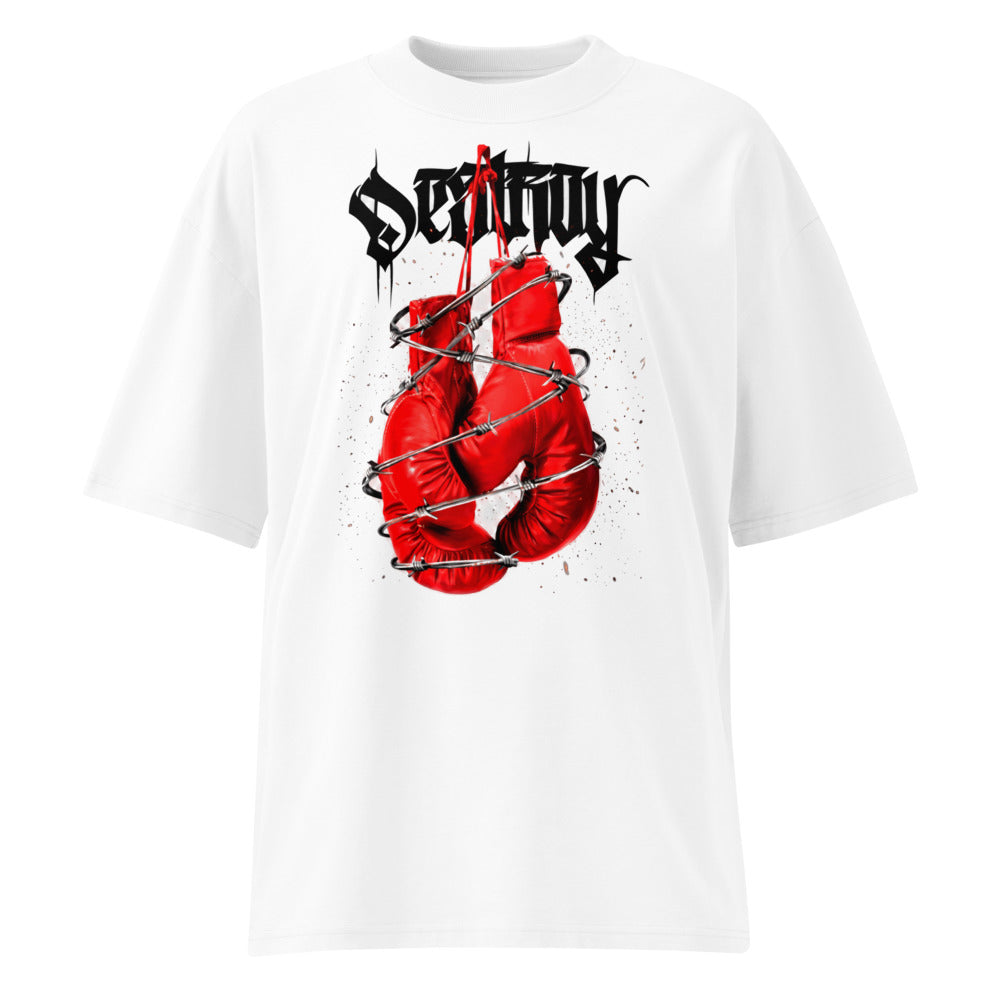 Oversize Red Boxing Gloves Barbed Wire Blackletter - Frente fantasma