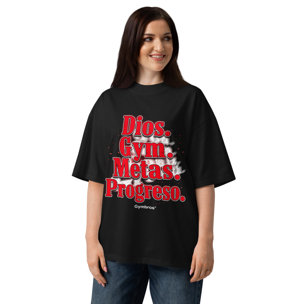 Oversize Dios Gym Metas Progreso Letras Rojas - Modelo femenina