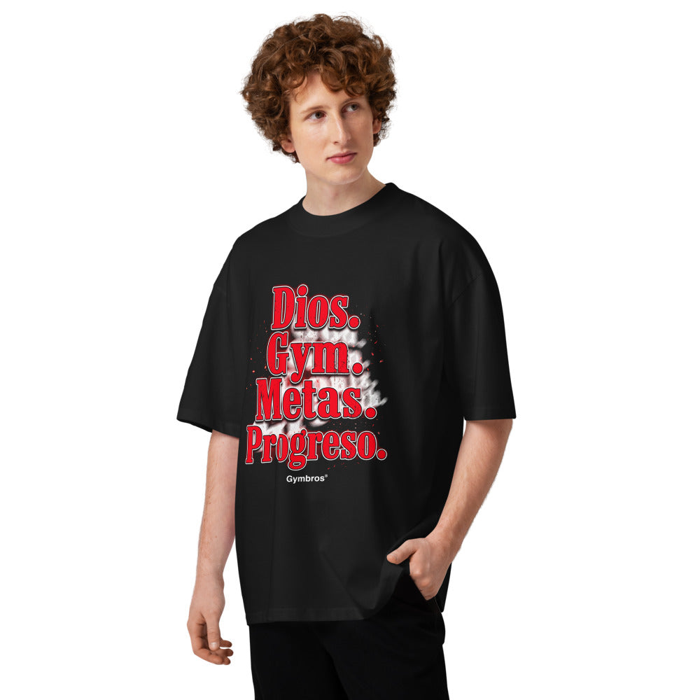 Oversize Dios Gym Metas Progreso Letras Rojas - Modelo masculino