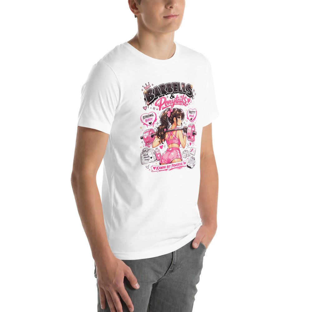 Playera Barbells And Ponytails Kawaii Gym - Modelo masculino lateral