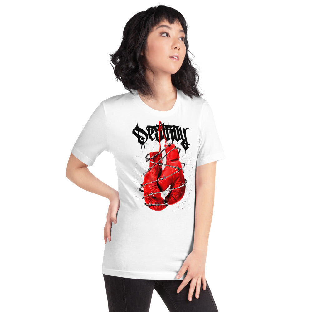 Playera Red Boxing Gloves Barbed Wire Blackletter - Modelo femenina