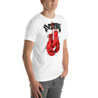 Playera Red Boxing Gloves Barbed Wire Blackletter - Modelo masculino lateral