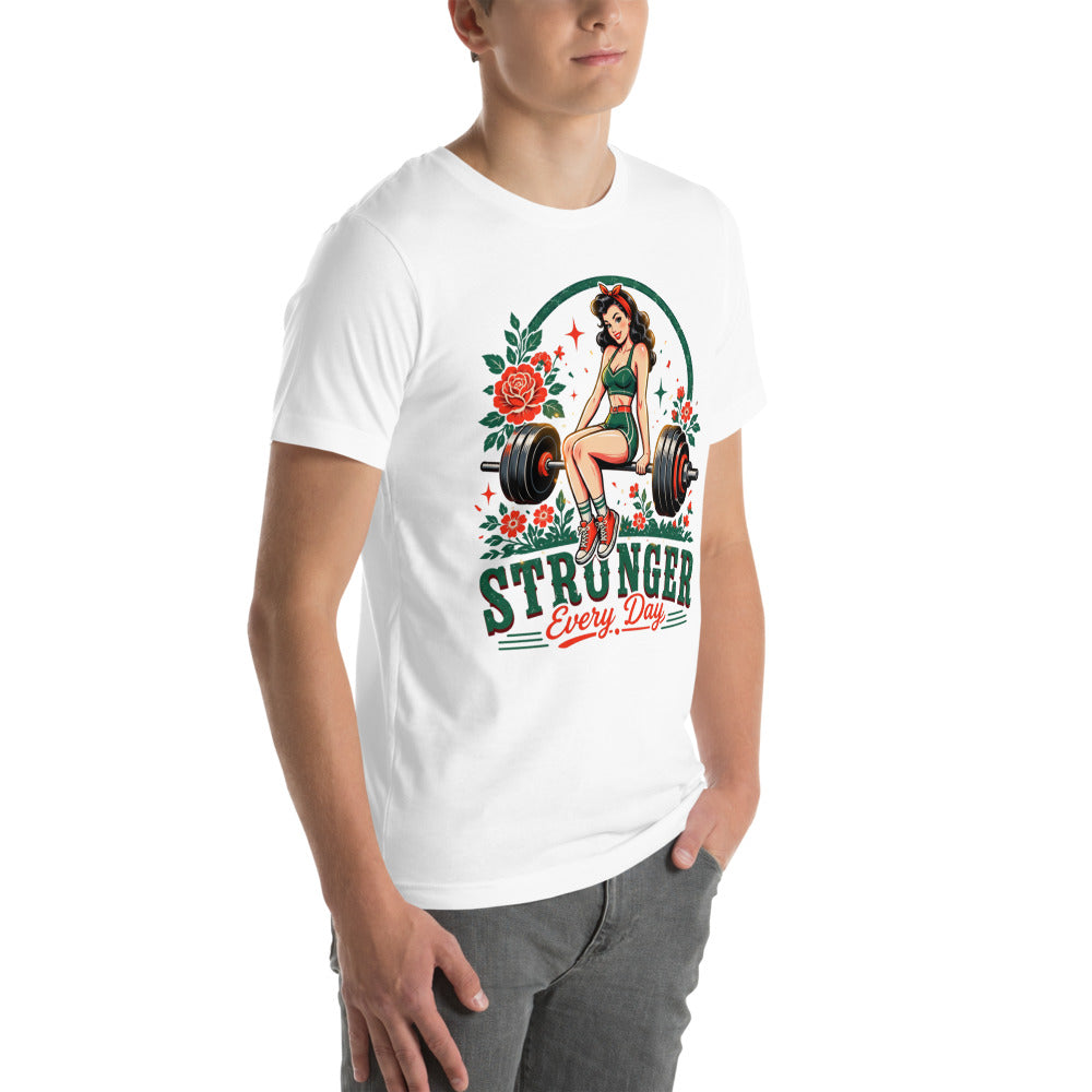 Playera Stronger Every Day Retro Barbell Roses - Modelo masculino lateral