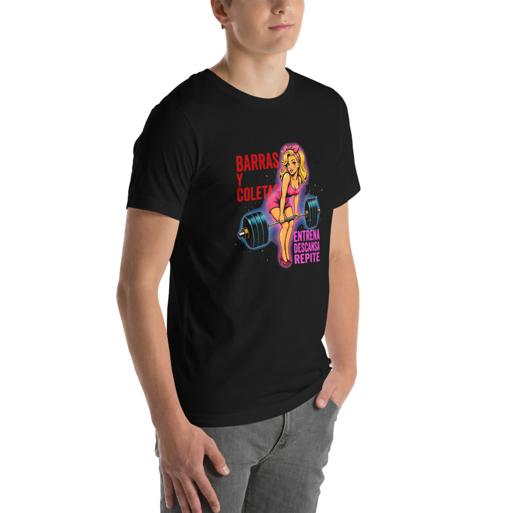 Playera Barras Y Coletas Entrena Descansa Repite - Modelo masculino lateral