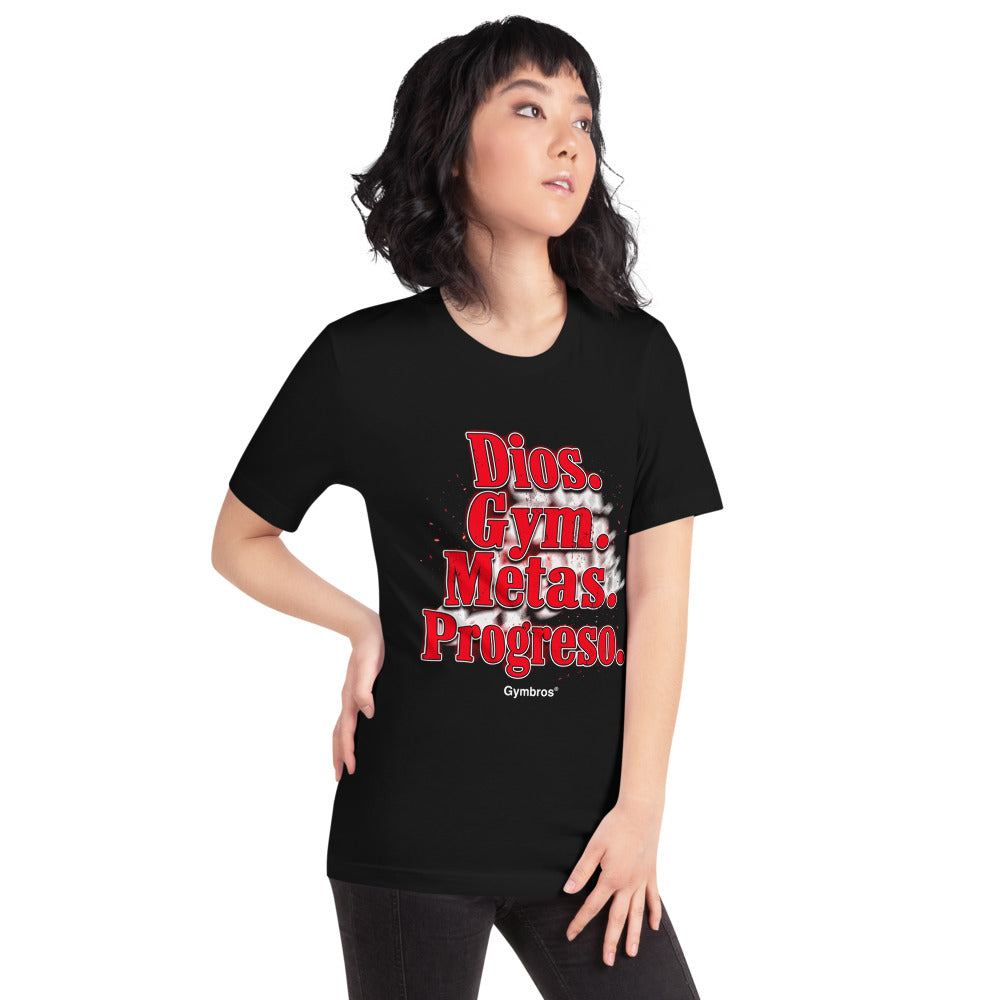 Playera Dios Gym Metas Progreso Letras Rojas - Modelo femenina
