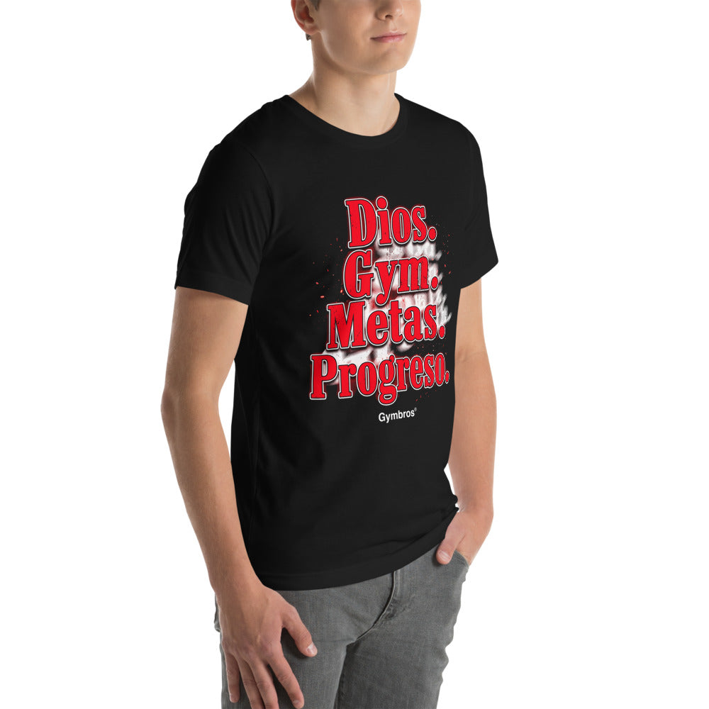 Playera Dios Gym Metas Progreso Letras Rojas - Modelo masculino lateral