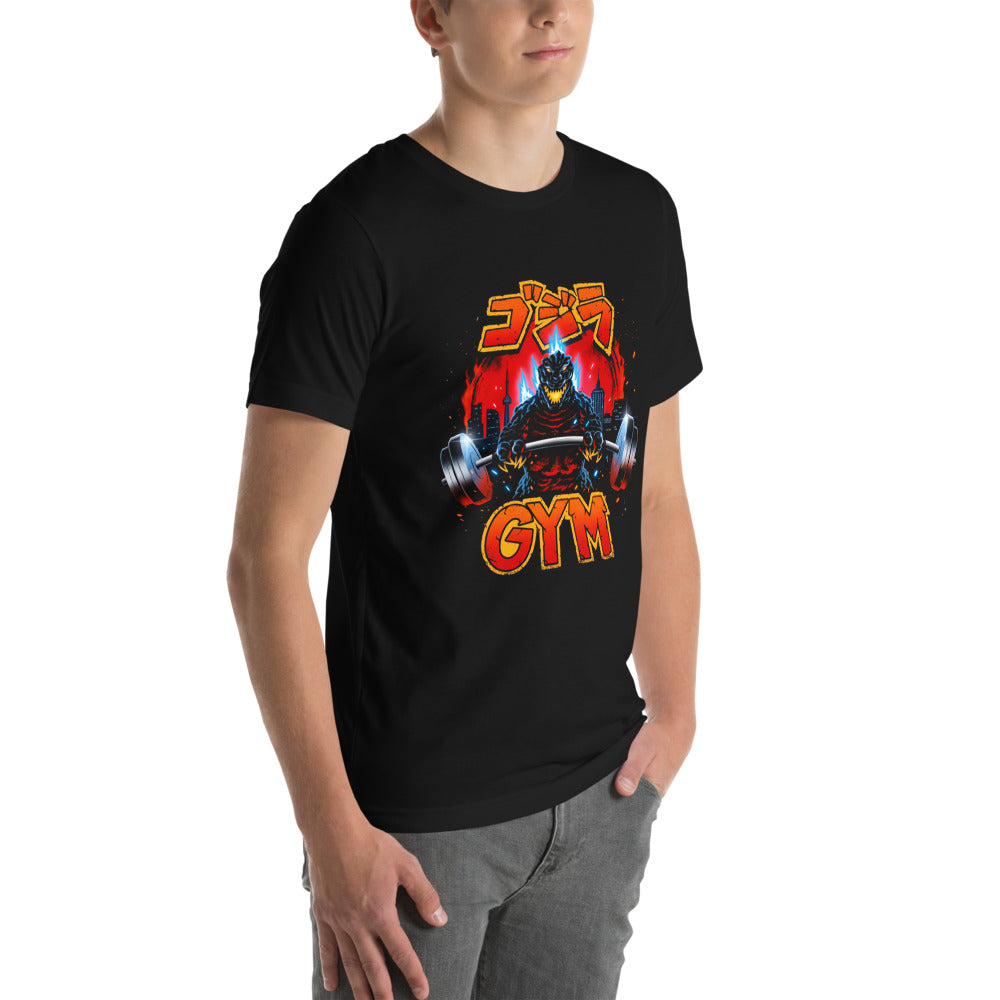 Playera Godzilla Gojira Gym Barbell Blue Spikes - Modelo masculino lateral