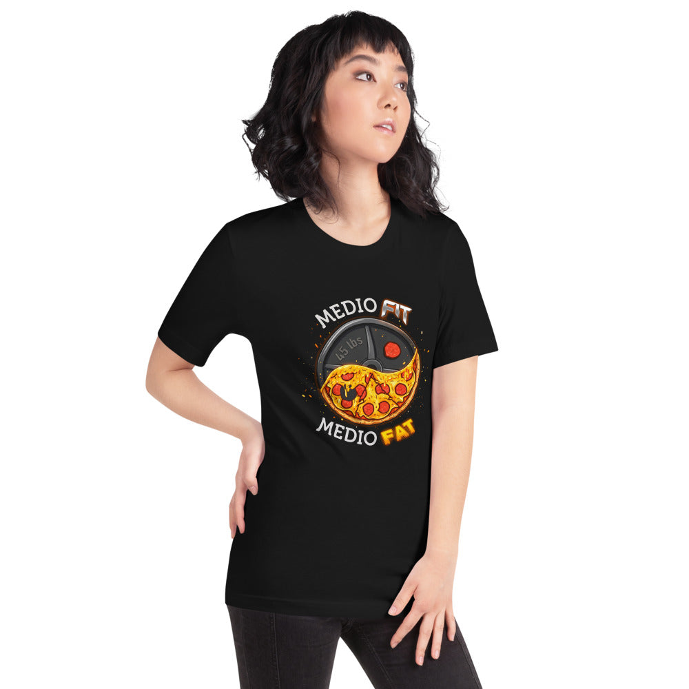 Playera Medio Fit Medio Fat Pizza Weight Plate - Modelo femenina