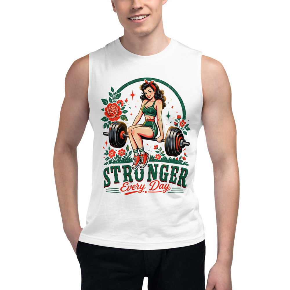 Sin Mangas Stronger Every Day Retro Barbell Roses - Modelo masculino